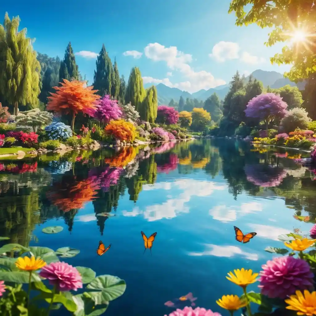 Colorful flower garden with butterflies in soft sunlight