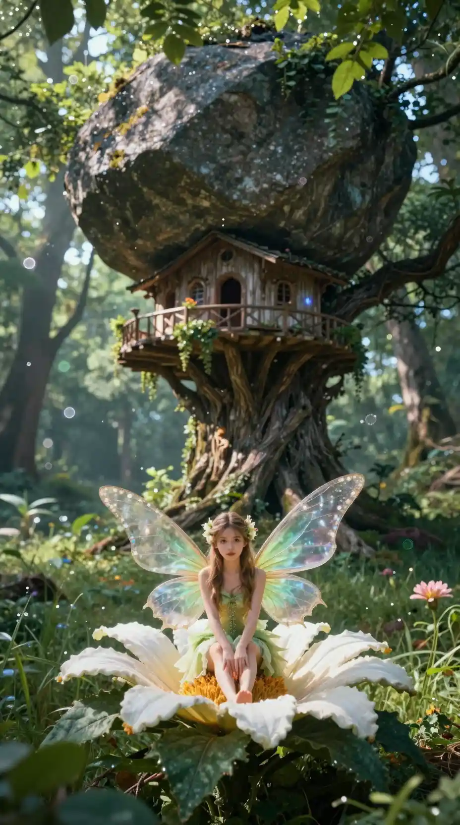 Curious fairy resting beneath a giant flower in forest