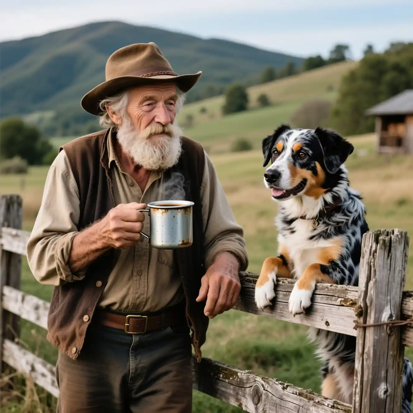 Older country man with coffee by fence and cattle dog