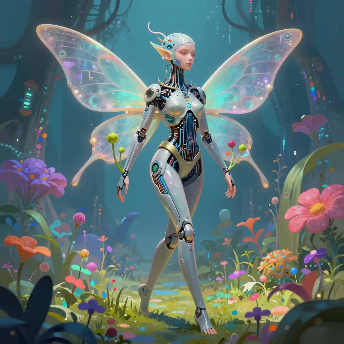 Abstract cyborg fae woman walking through a colorful garden