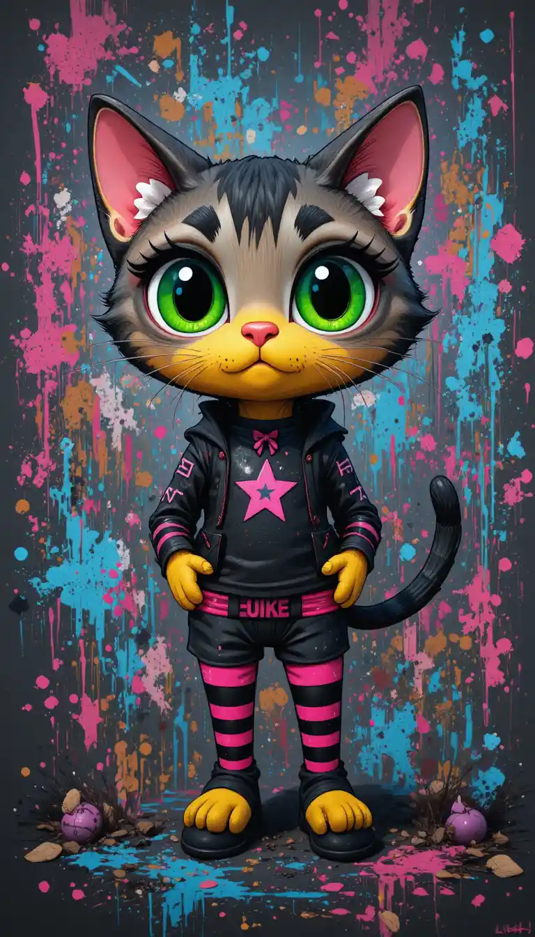 Playful cartoon cat with neon splatter abstract background