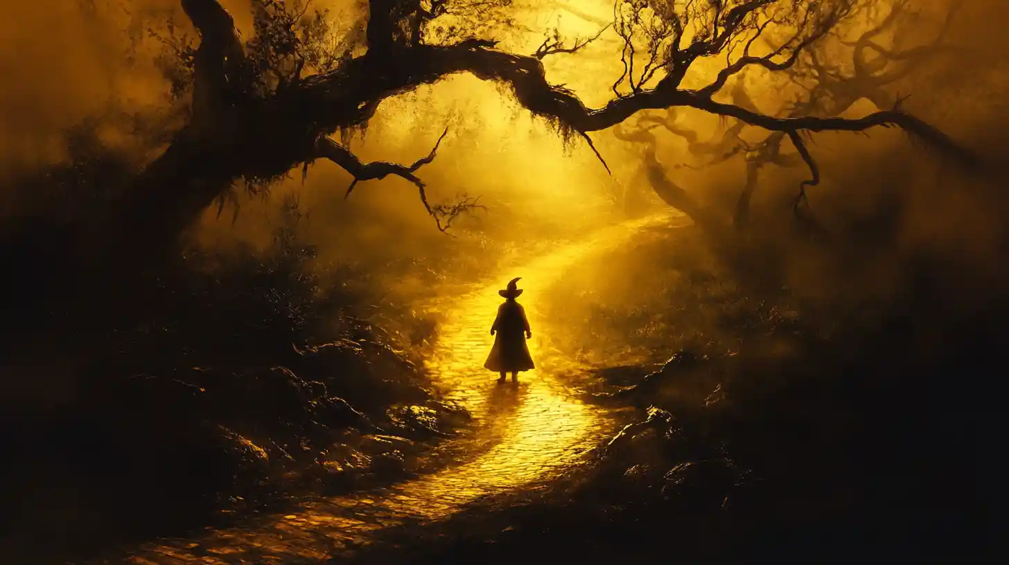 Silhouetted figure on a fading yellow brick road