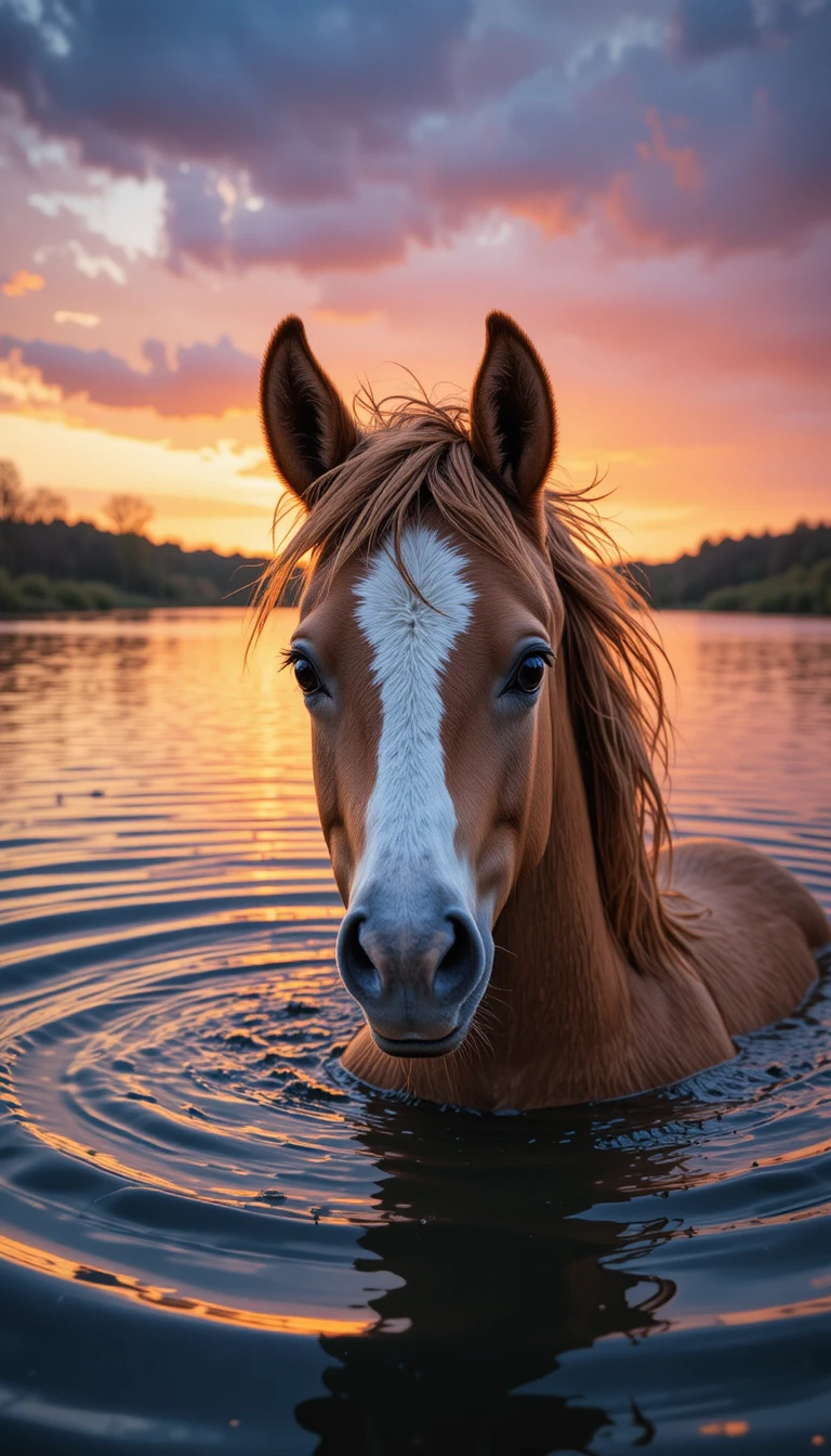 Foal Emerging From Lake At Colorful Sunset