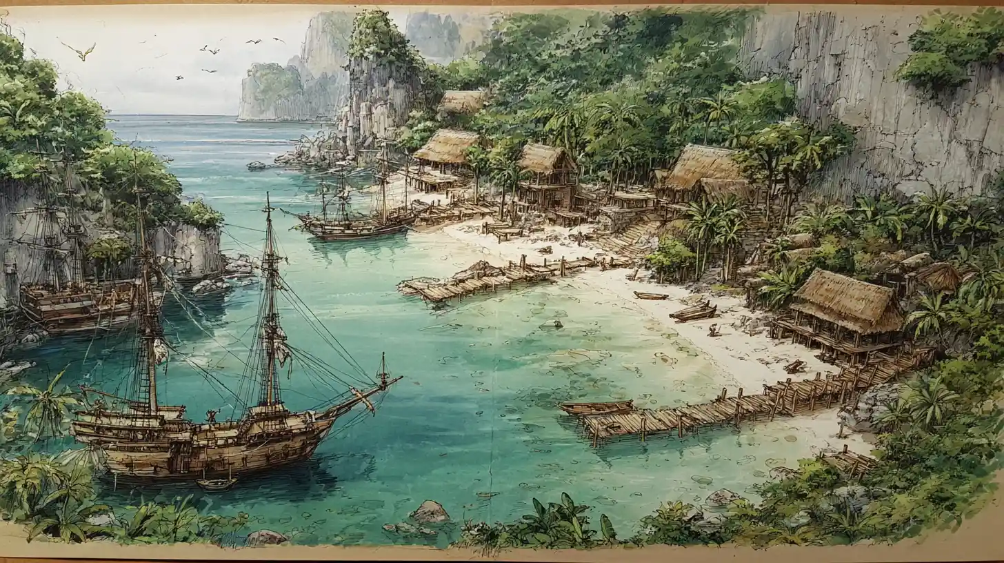 Dramatische Piratenbucht mit im klaren Wasser vor Anker liegenden Schiffen