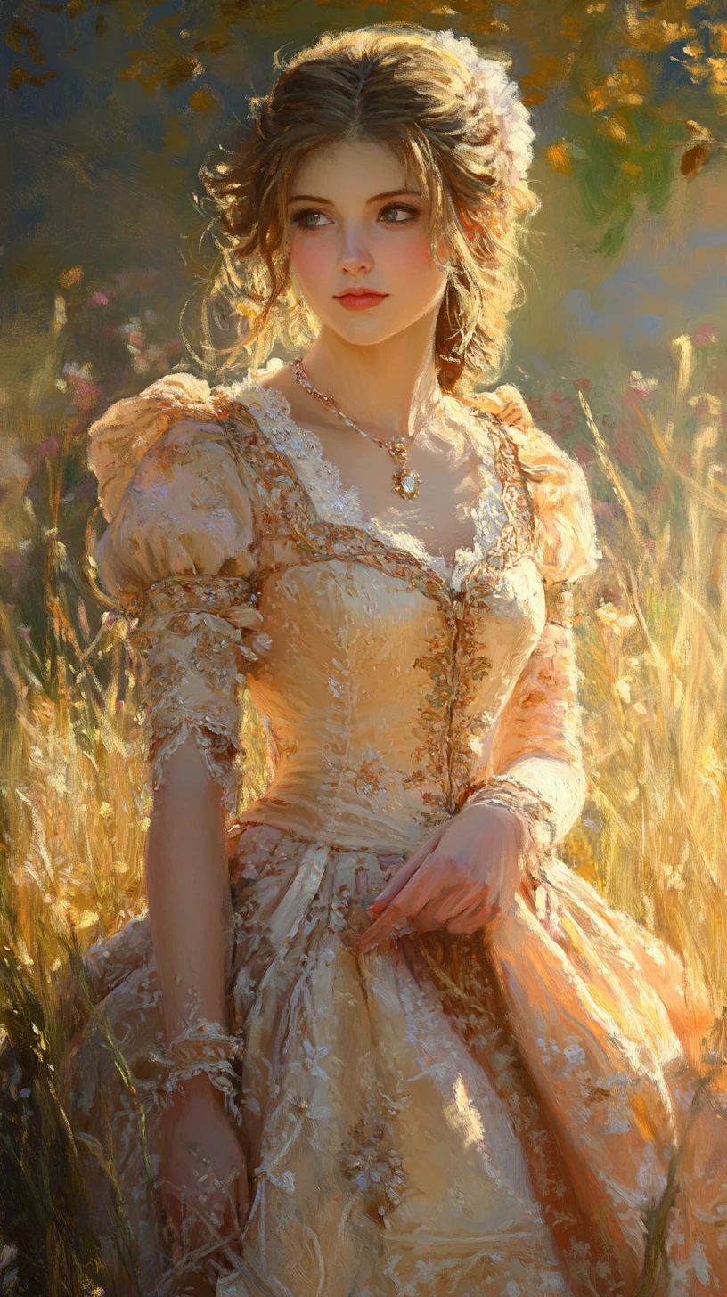 Elegante mulher do século XVIII no caloroso brilho de um jardim barroco