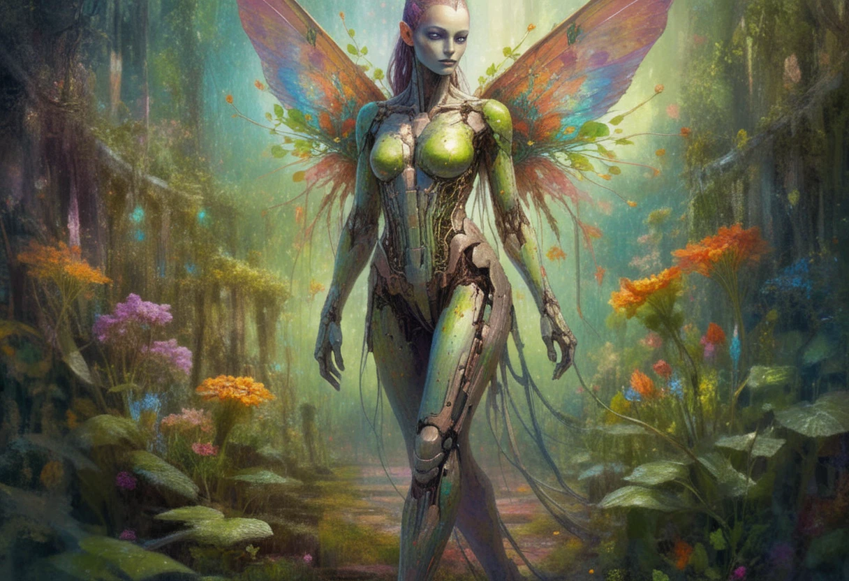 Half cyborg fae woman walking through a colorful garden