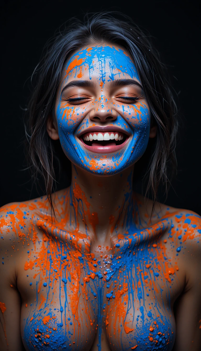 Joyful girl covered in bright blue and orange paint