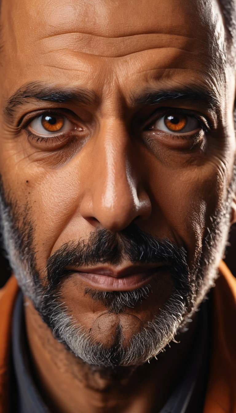 Extreme Close Up Of Cunning Middle Aged Man In Amber Light
