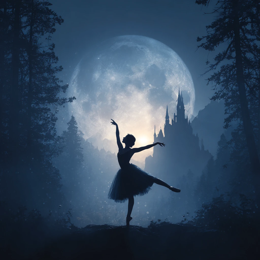 Silhouetted ballerina dancing before a giant silver moon