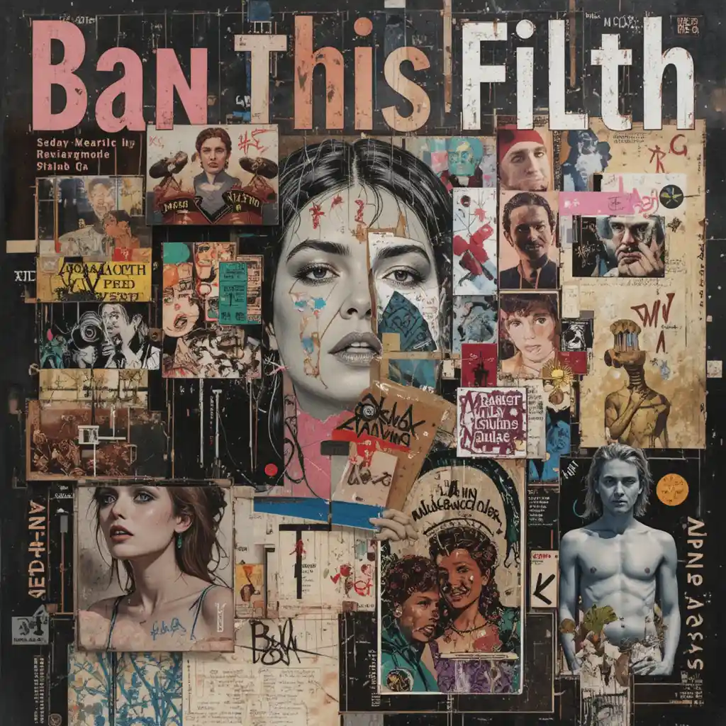 Provocative graphic collage styled as a bold magazine cover