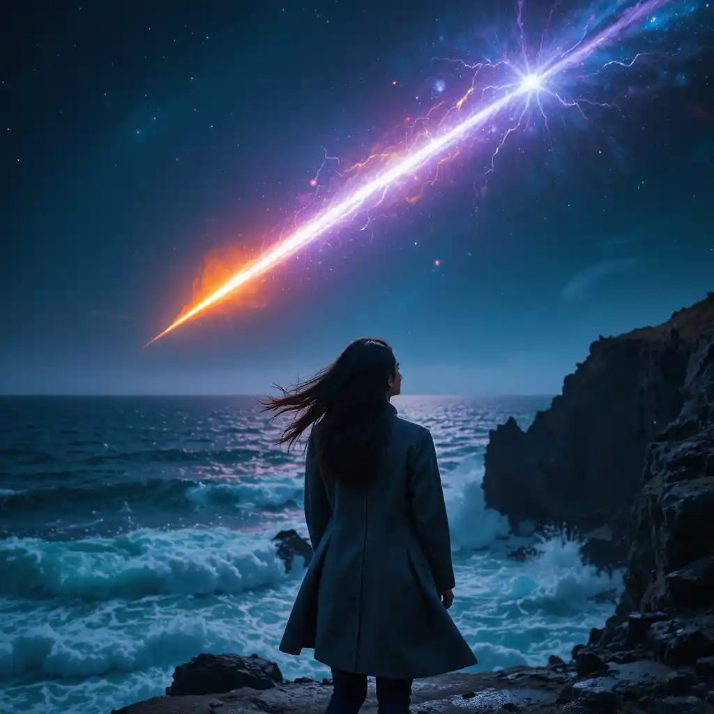 Donna che osserva una meteora fiammeggiante sopra un oceano in tempesta