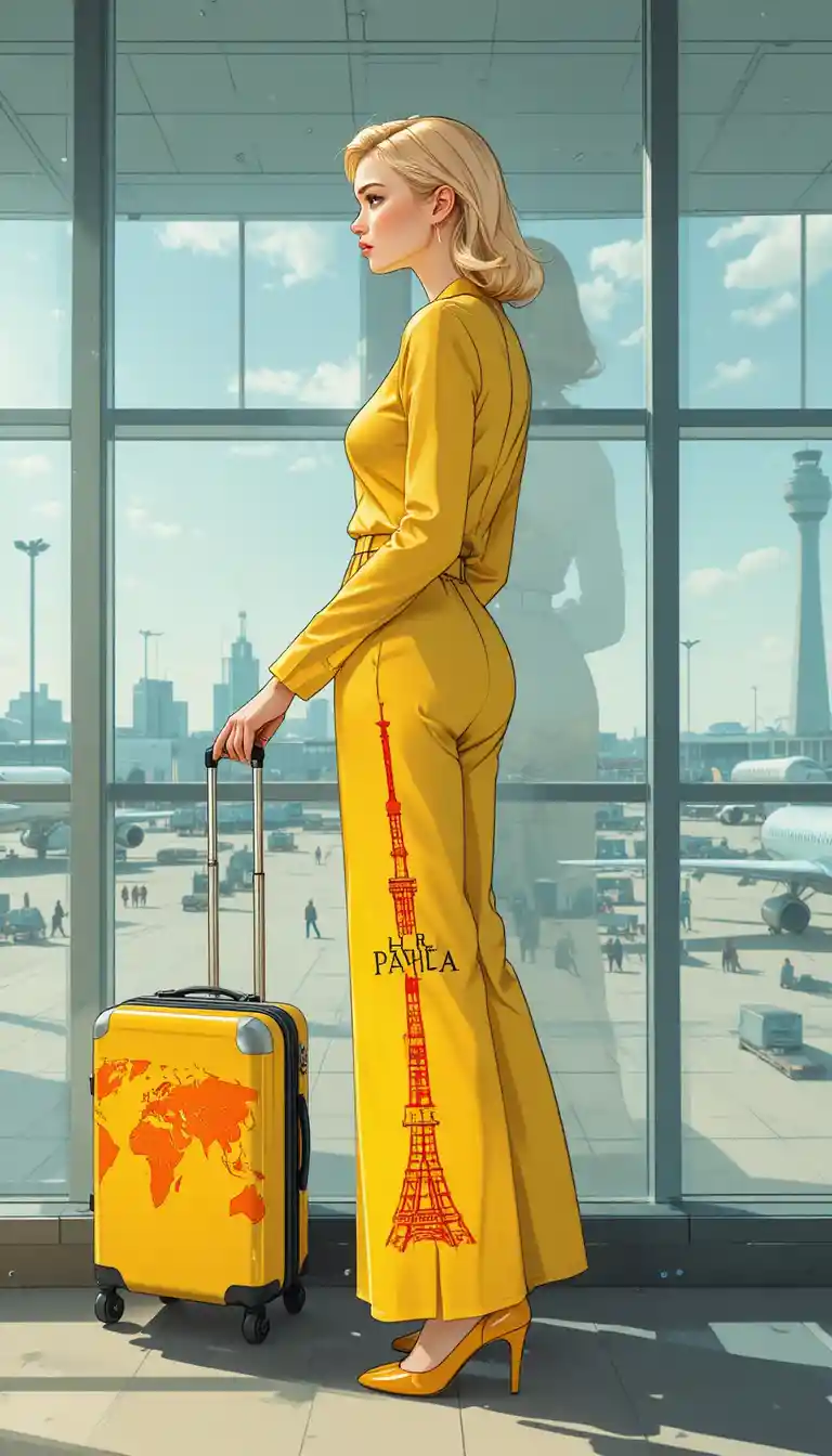 유리 공항 벽 앞 노란 옷을 입은 스타일리시한 여성