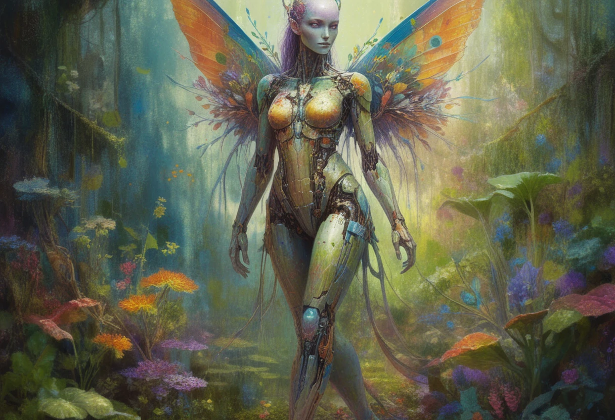 Abstract cyborg fae woman walking through a strange garden