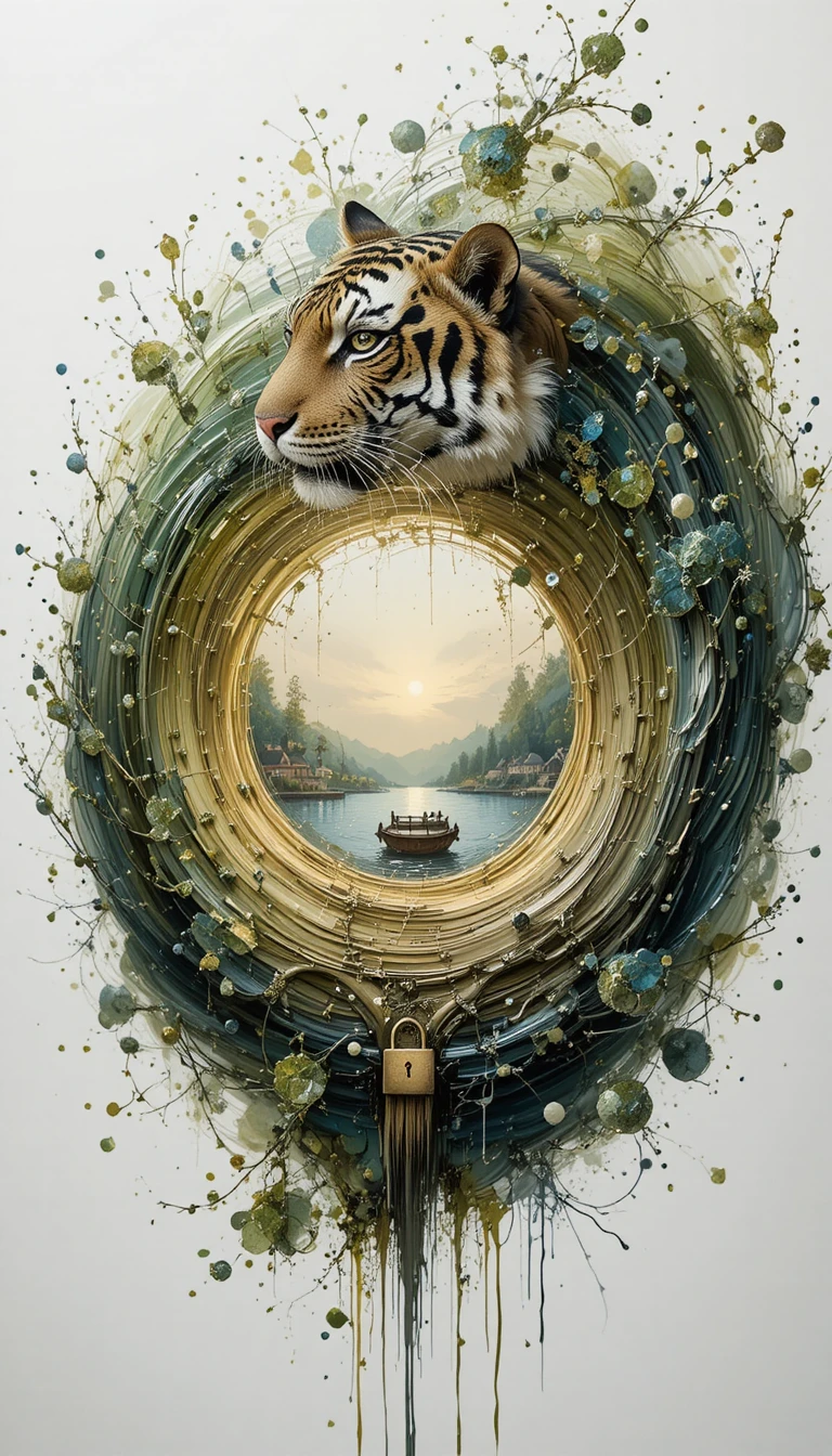 Textured acrylic tiger merging with glowing lake landscape