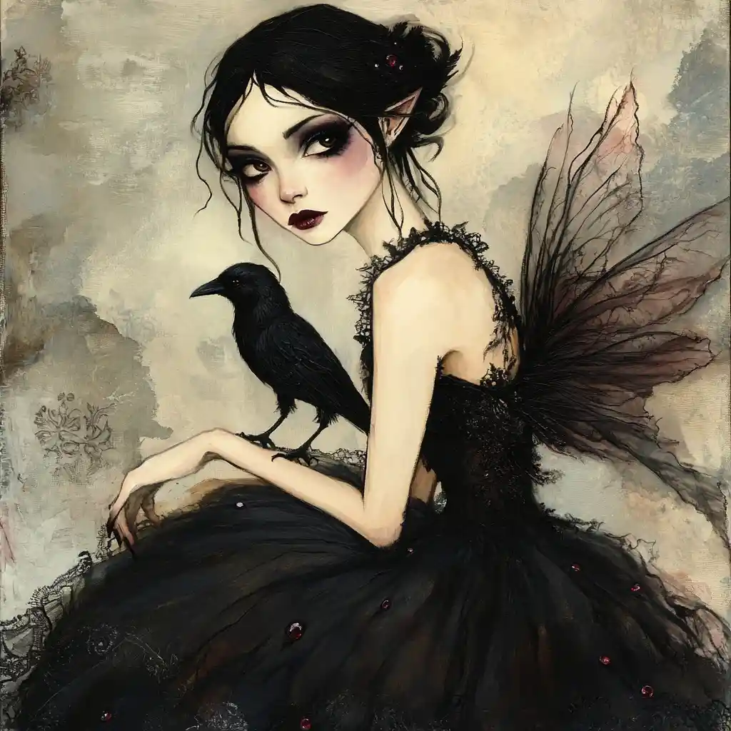Gothic fairy woman with crow and dark jeweled wings