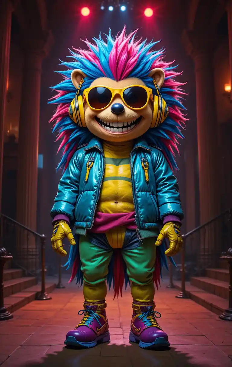 Mascota de erizo colorido en una vibrante escena de escenario interior