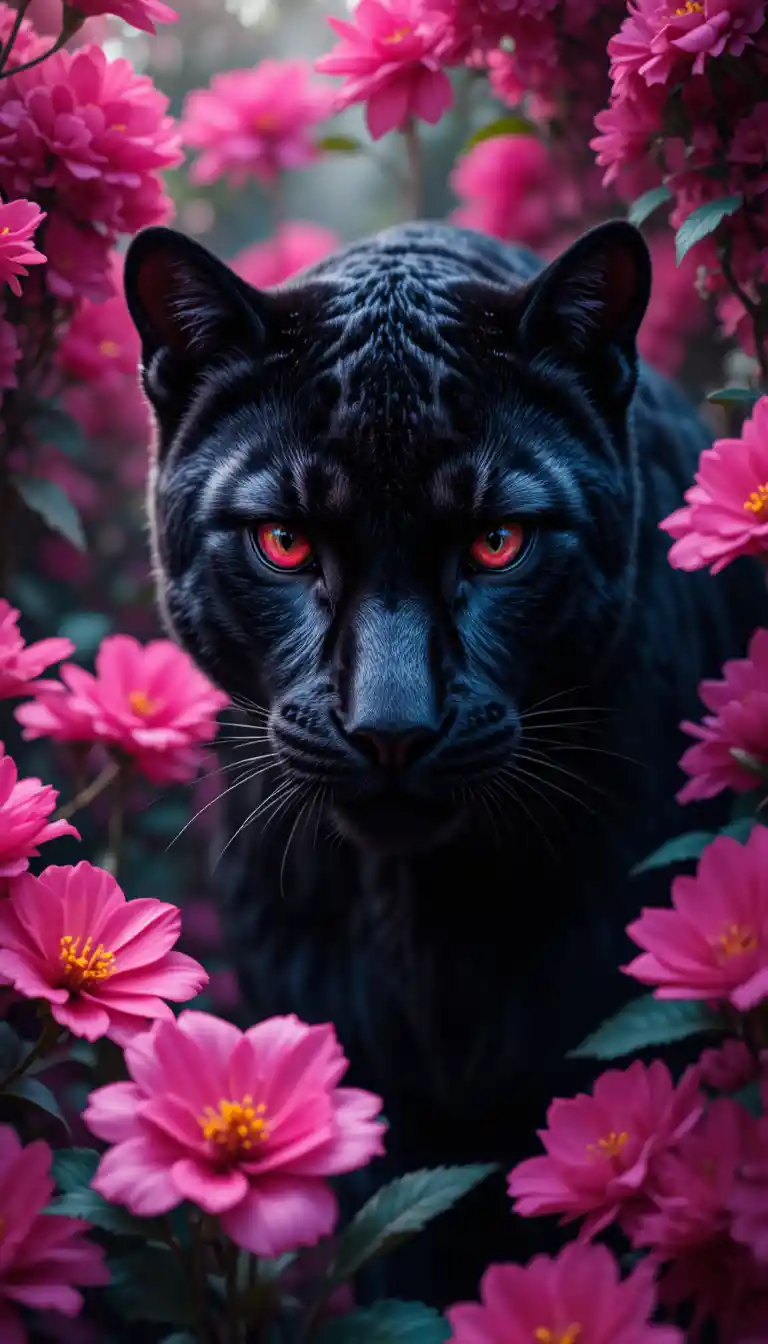Black panther with red eyes in vibrant fantasy jungle