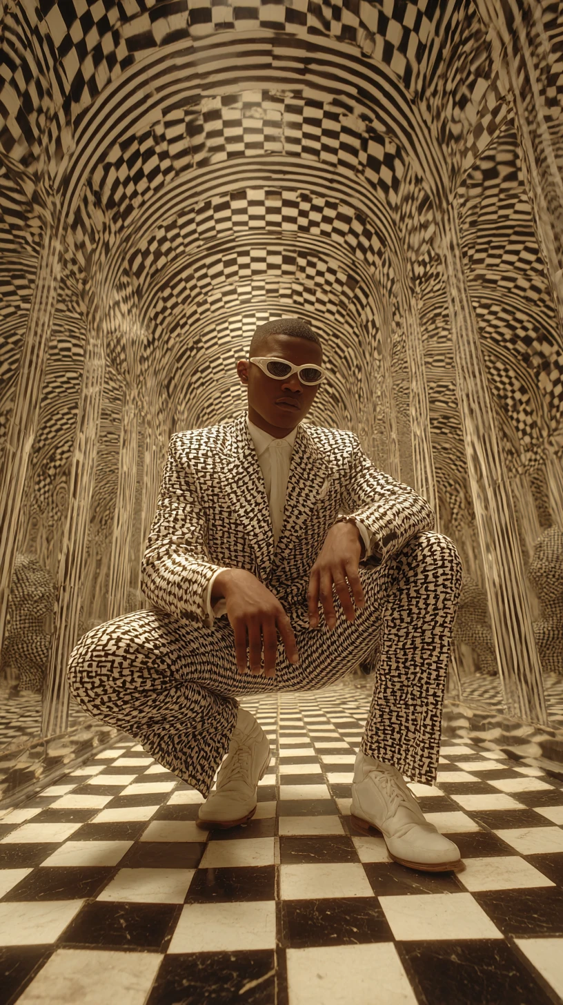 Man in vintage suit posing in surreal mirrored hallway