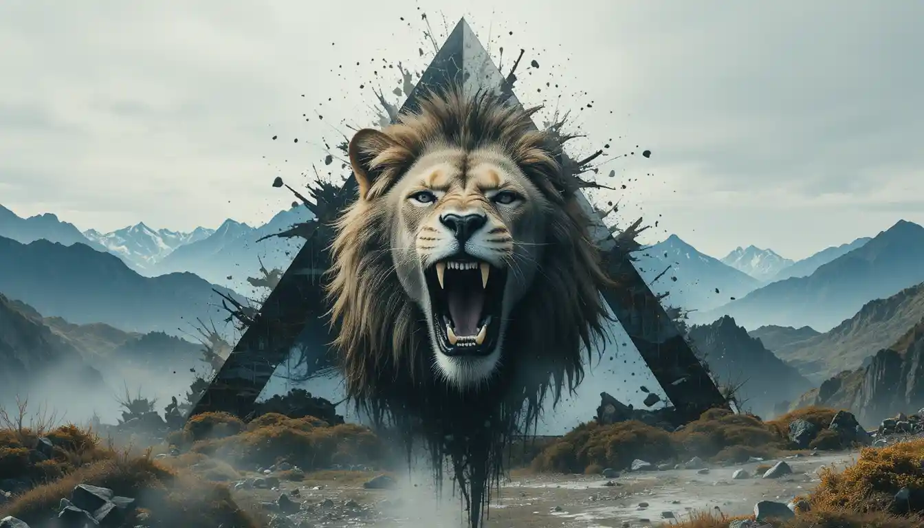 Roaring lion head with grunge texture over surreal mountain landscape