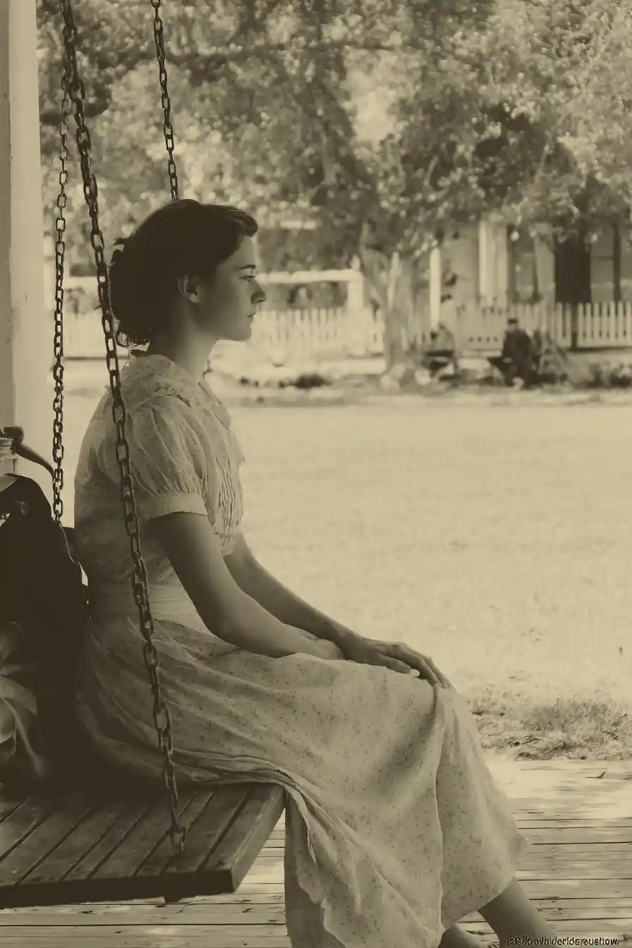 Woman sitting on a front porch swing in quiet reflection
