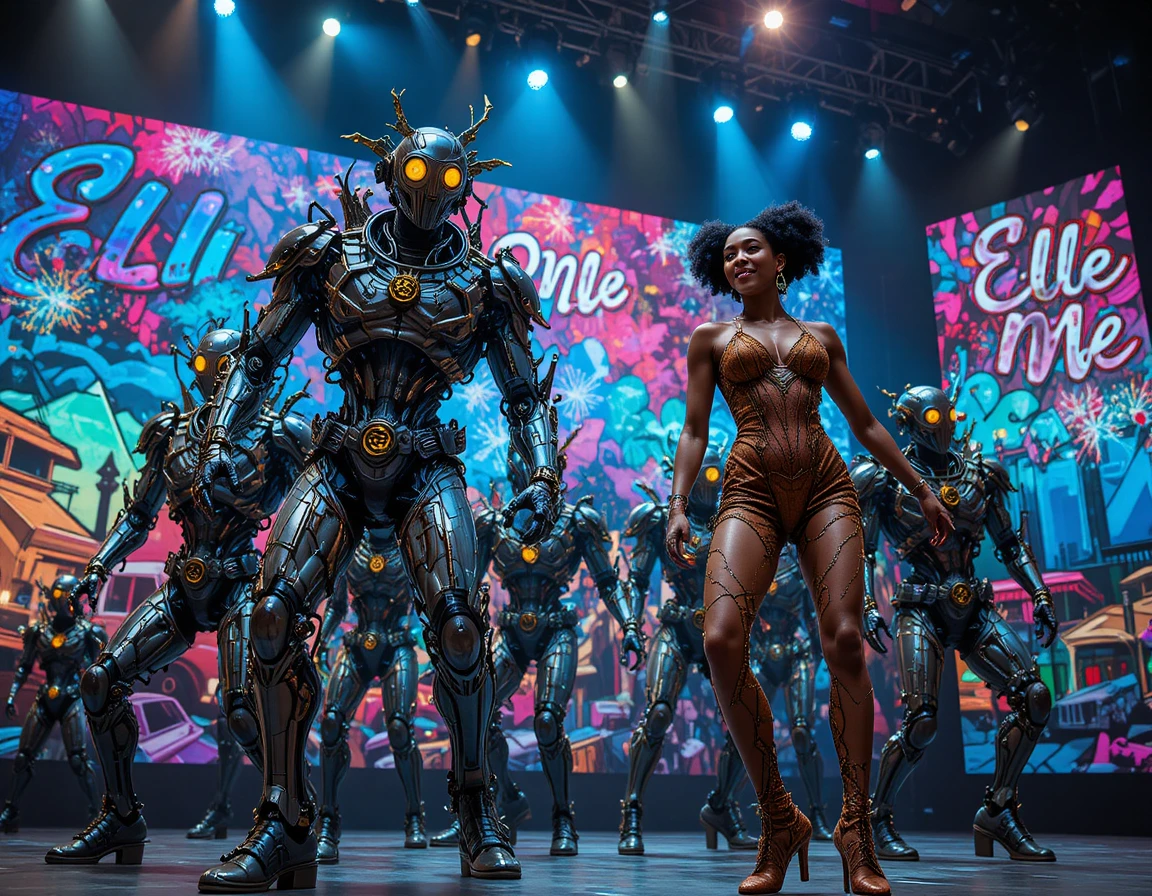 Futuristic robotic dancers performing under dramatic stage lights