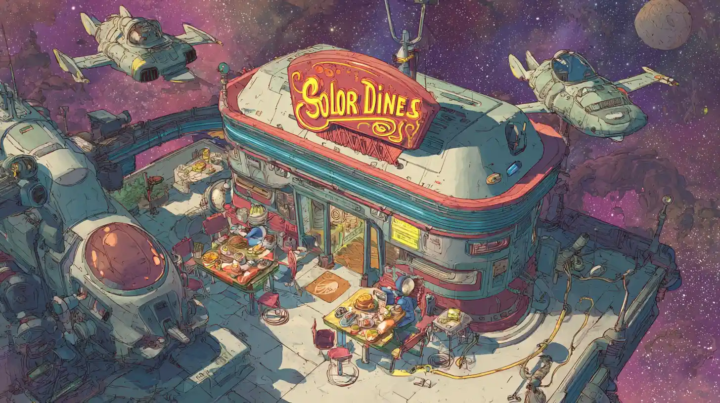 Colorful retro space diner on a distant station