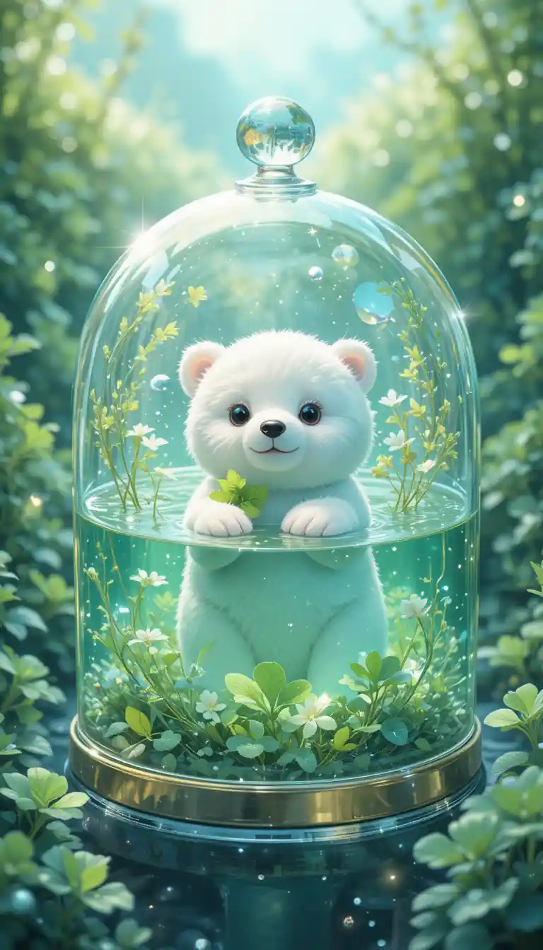 Dolce orsetto bianco che galleggia in un cappello trasparente pieno d’acqua verde