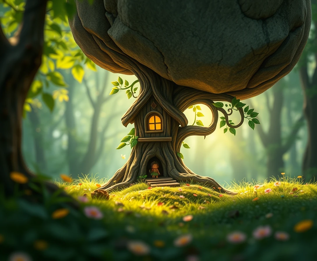 Tiny fairy resting beneath a towering forest flower