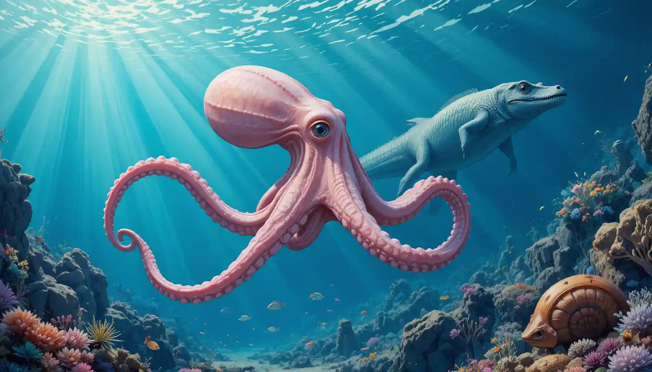 Pale pink octopus in prehistoric blue ocean scene