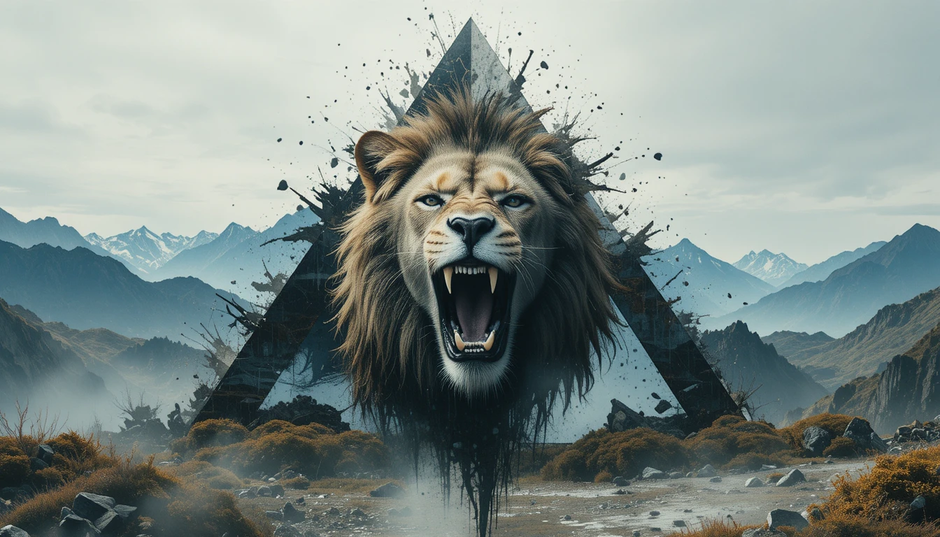 Roaring lion head with grunge texture over surreal mountain landscape