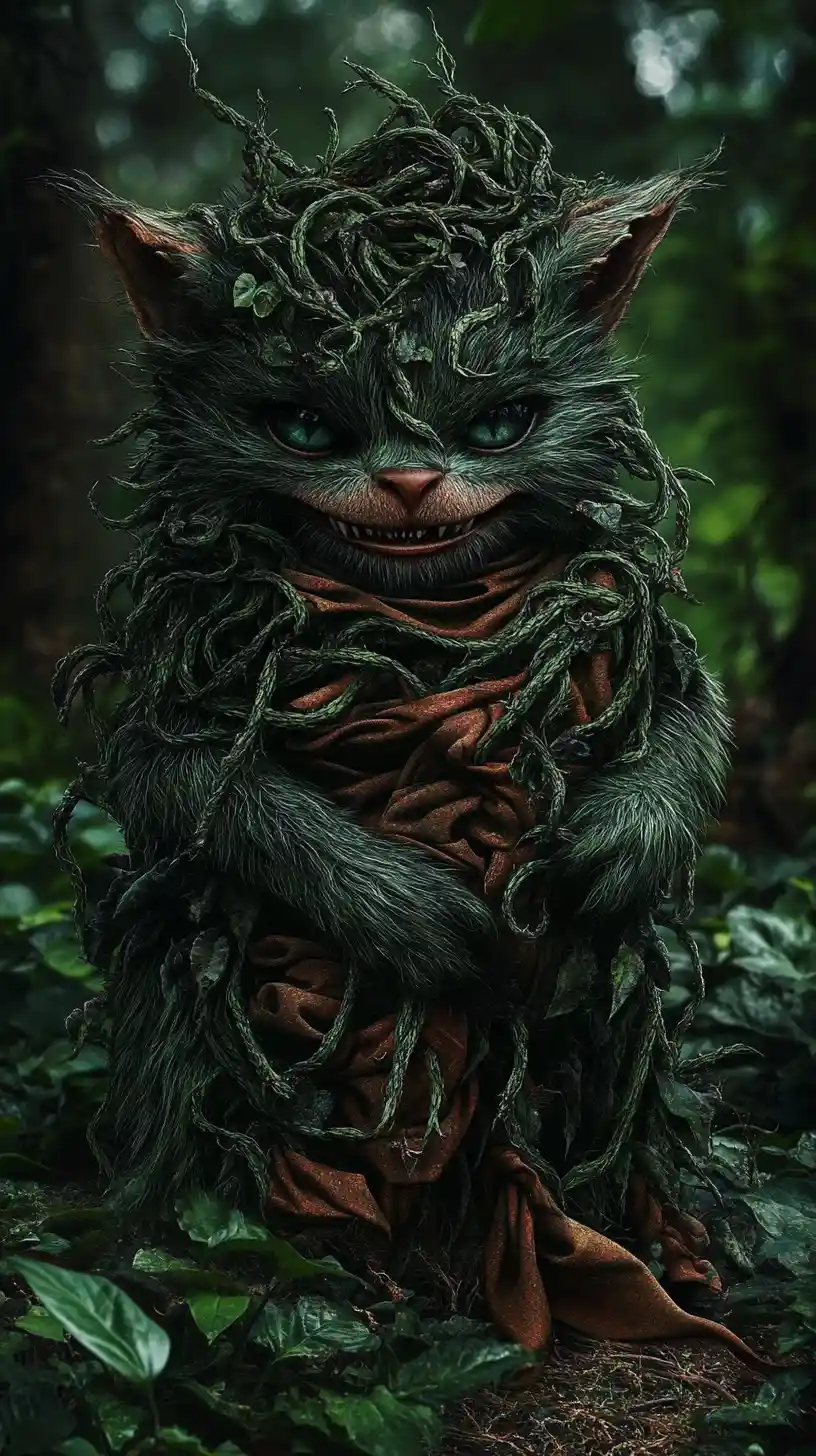 Playful jungle fantasy creature wrapped in organic growing fabrics