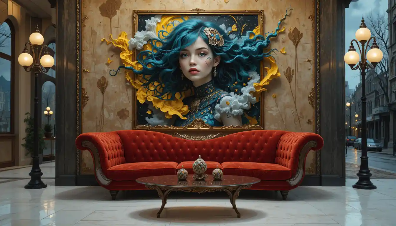 Surreal red velvet sofa before swirling cosmic painting