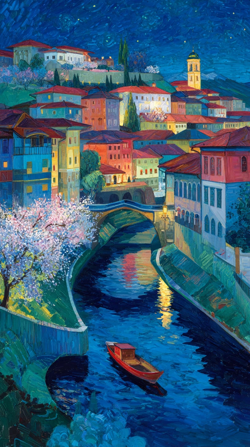 Cherry blossoms above a colorful night cityscape