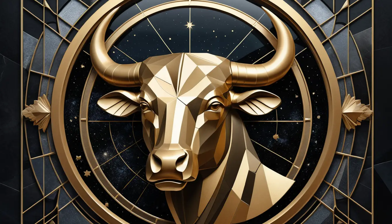 Emblema dorato del segno Toro in design cubista astratto