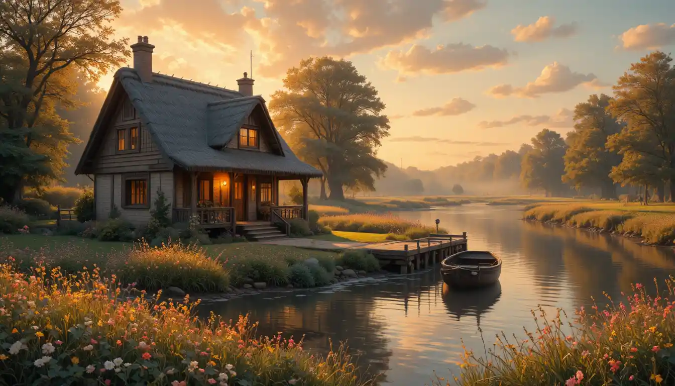 Cozy riverside cabin at golden hour with small wooden boat