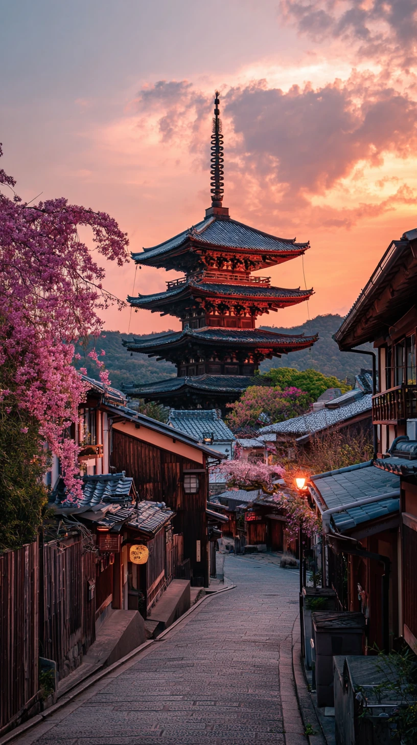 Sunset city street with pagoda on a steep hill
