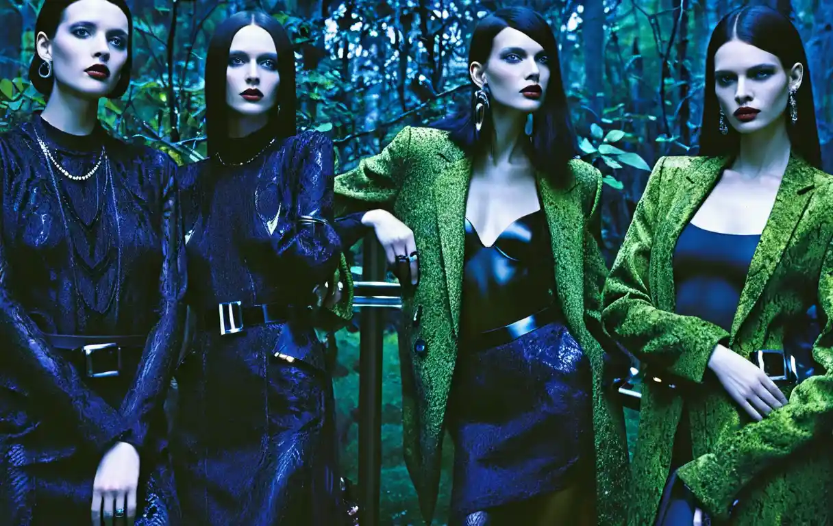 Dramatic fashion woman in dark futuristic campaign scene