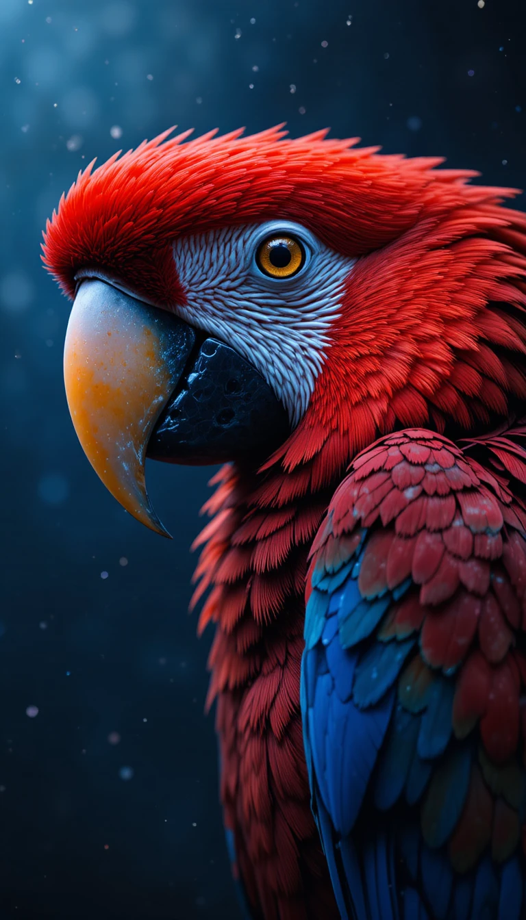 Vibrant scarlet macaw close up against a dreamy night sky