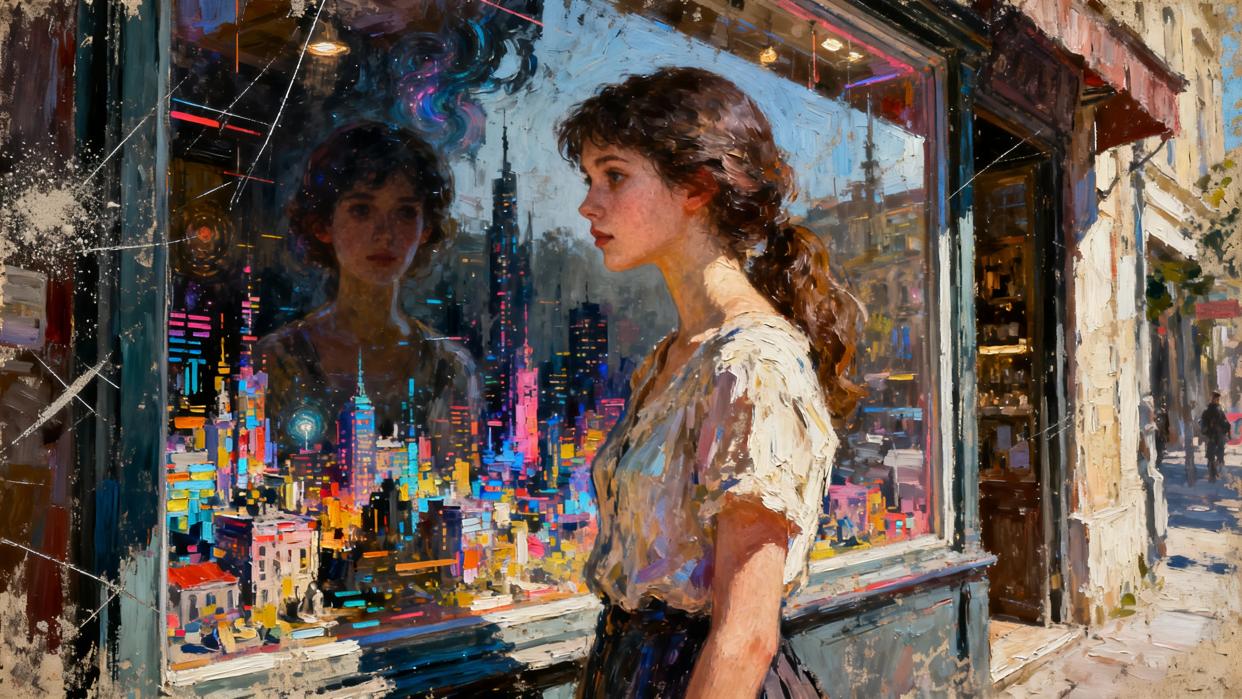 Young woman reflected in a vintage city shop window