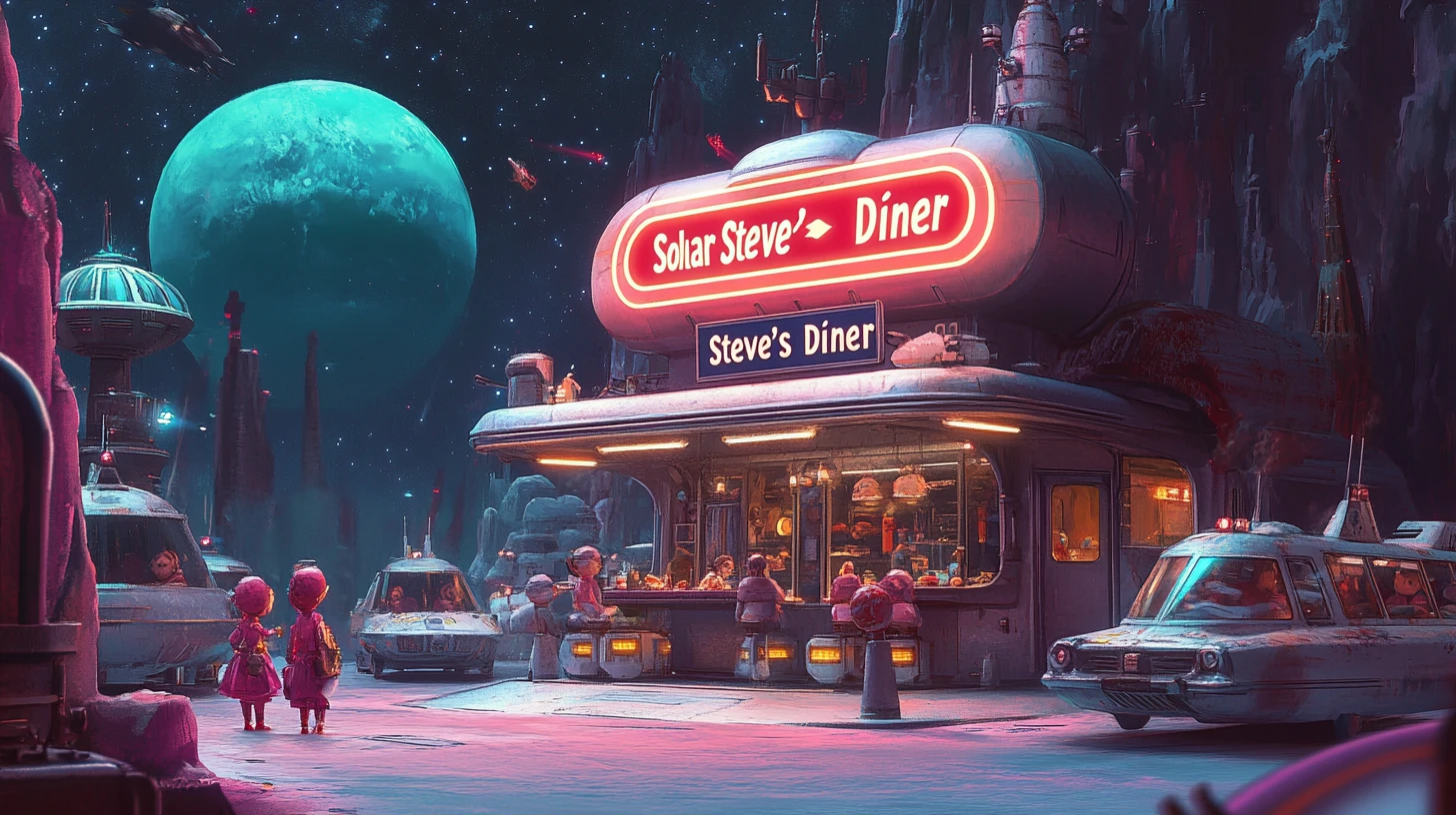 Colorful space diner with visiting family spaceships