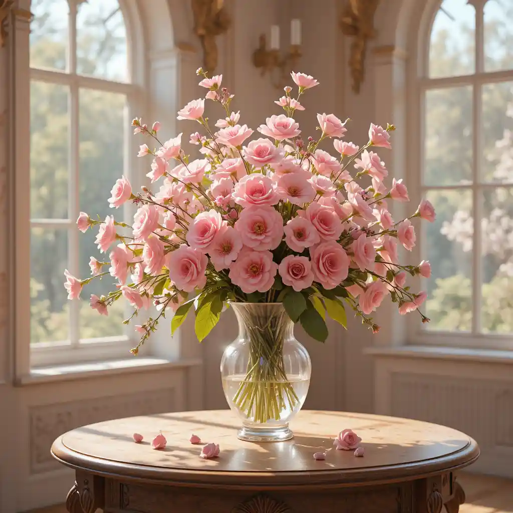 Elegante vaso di fiori rosa che brillano alla luce soffusa del sole