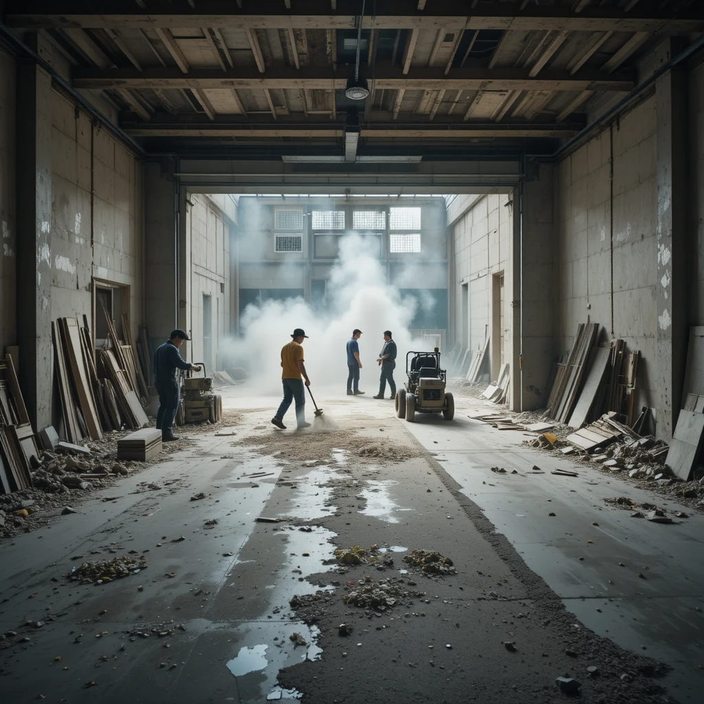 Wide timelapse view of workers grinding a garage floor