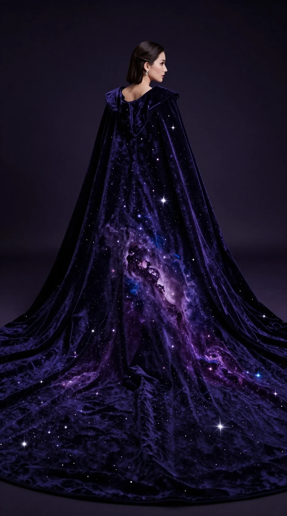 Regal velvet cape glowing with swirling galaxy stars