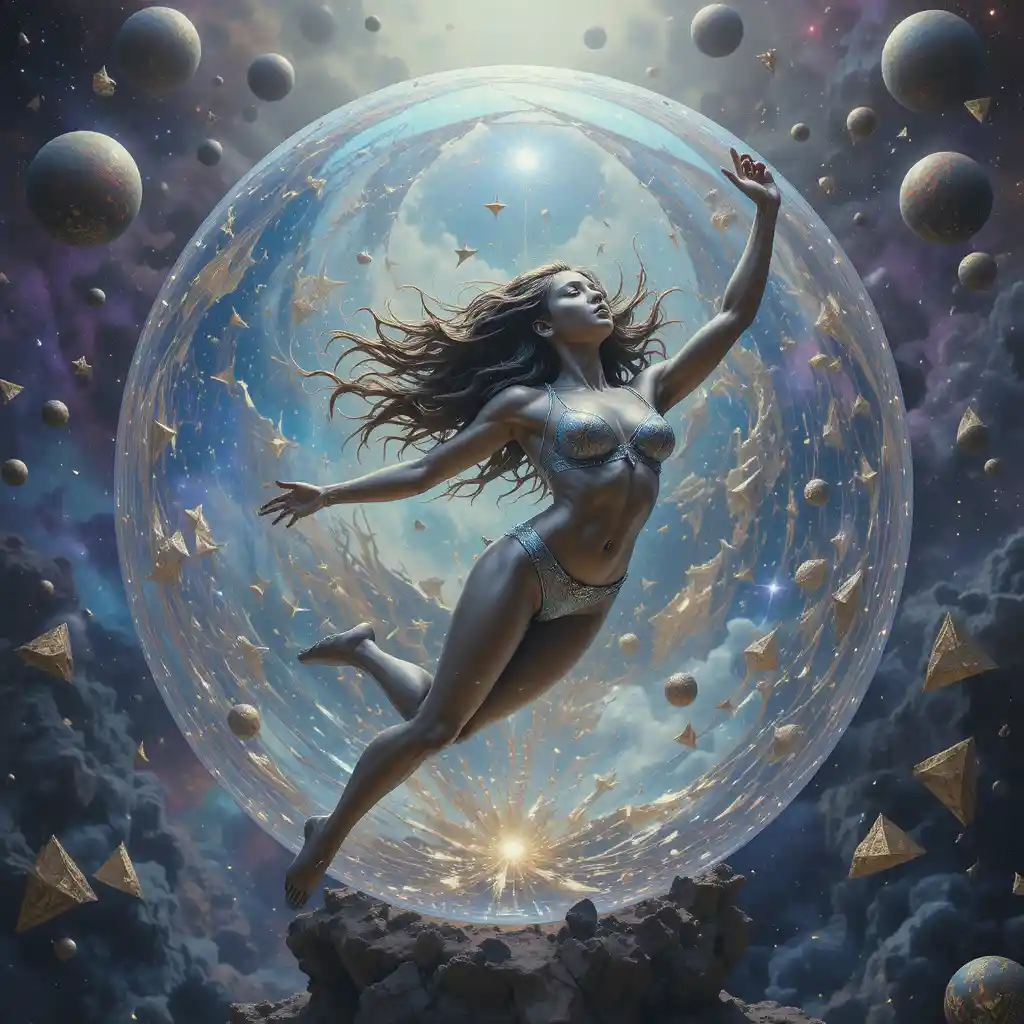 Bronze statue woman with long hair flying in cosmic space