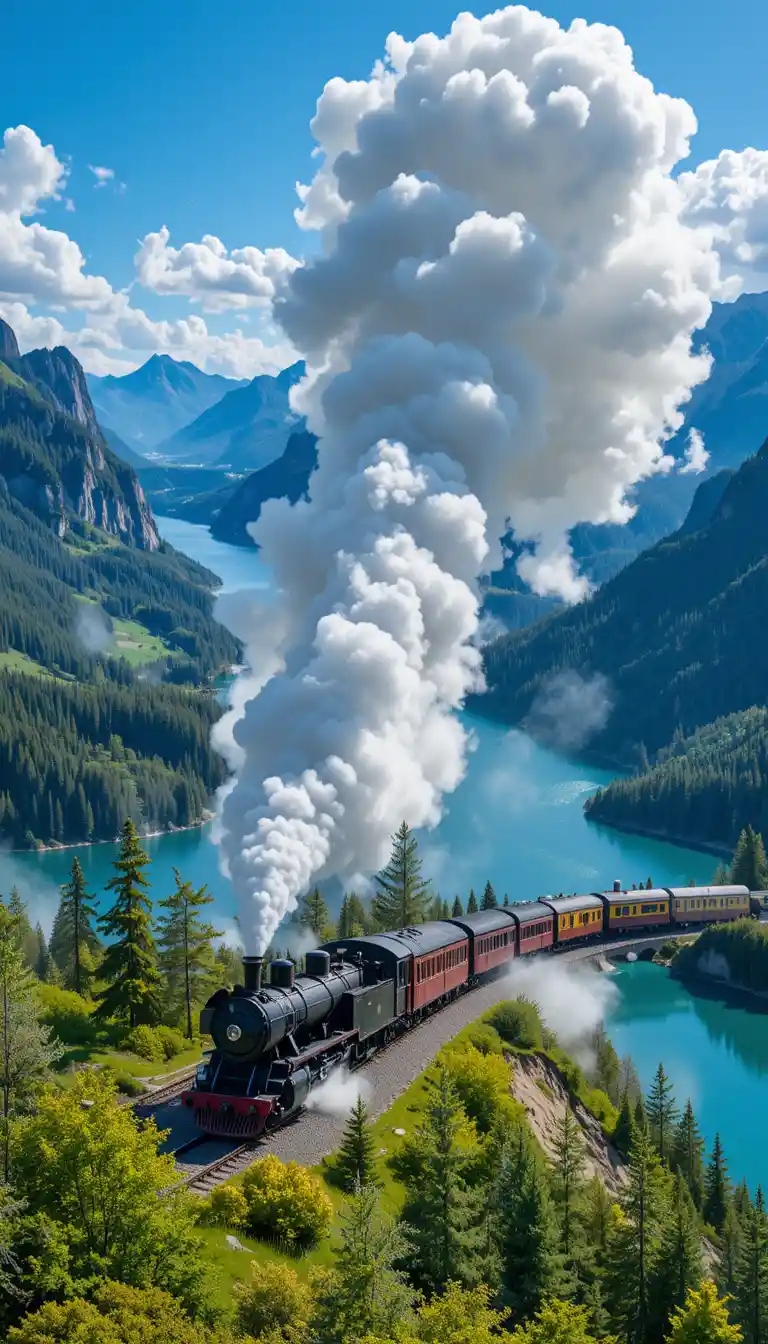 Treno a vapore che attraversa un rigoglioso paesaggio montano con laghi