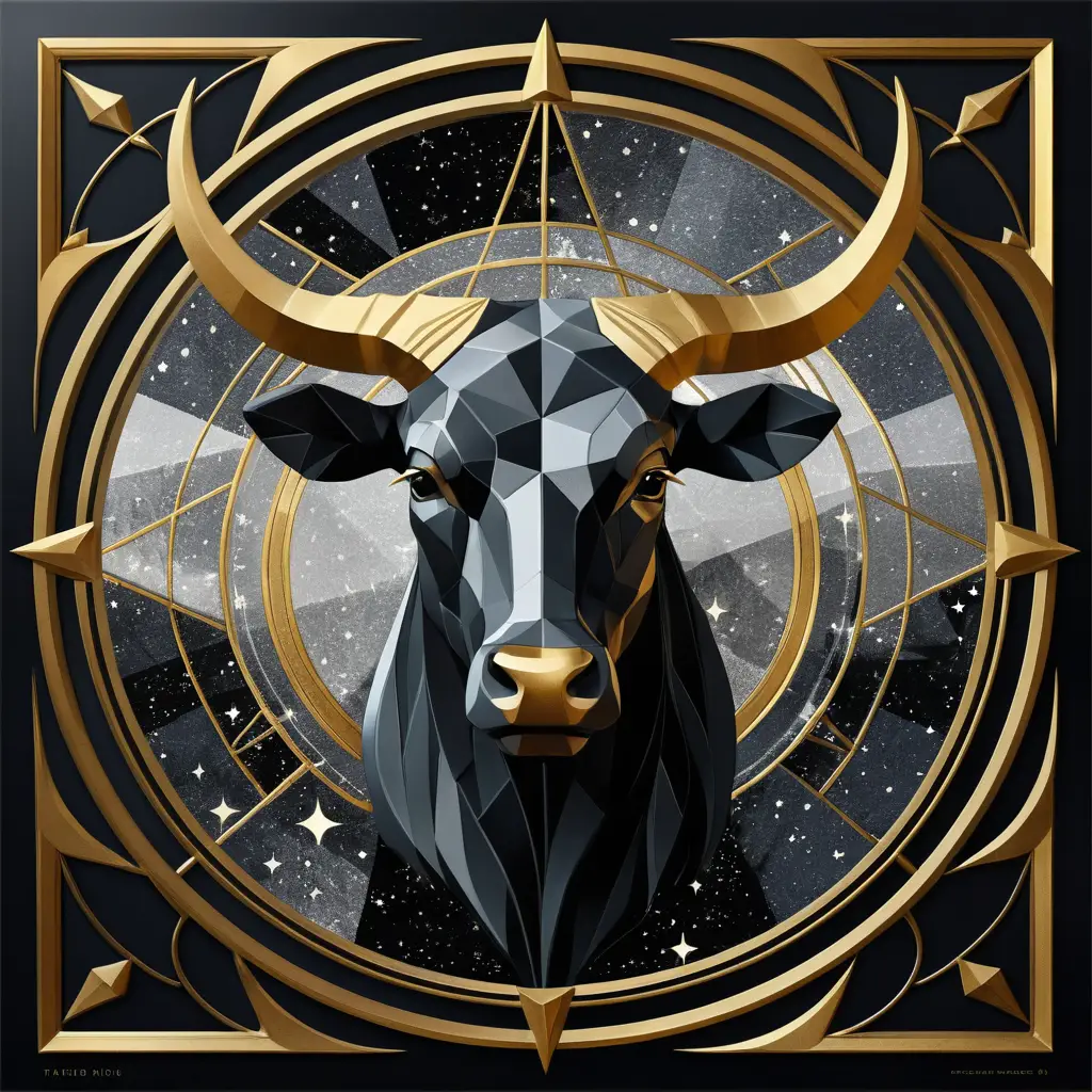 Emblema dorato del segno Toro su cielo notturno cubista astratto