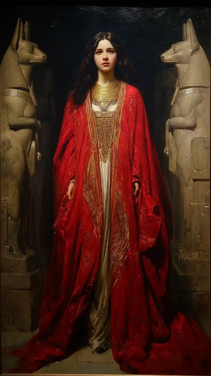 Reina egipcia con abaya carmesí entre estatuas de Anubis