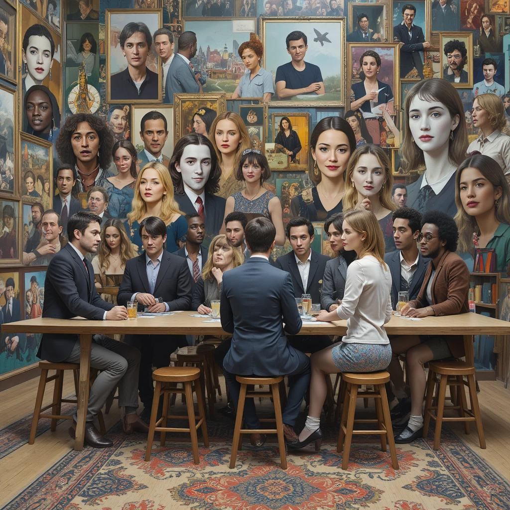 Group of mismatched people sitting at a long table