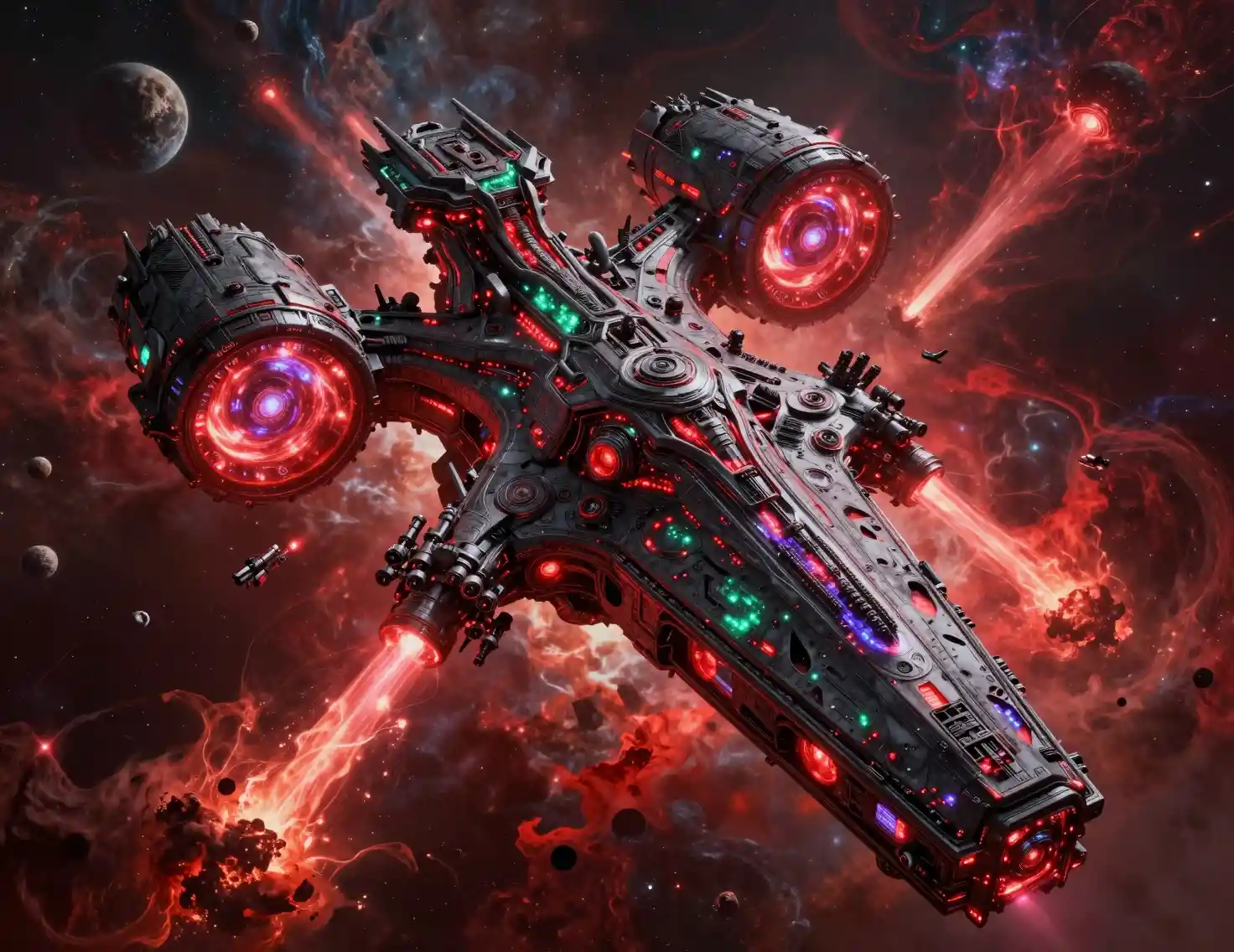 Colossal Alien Warship Emerging From A Blood Red Nebula