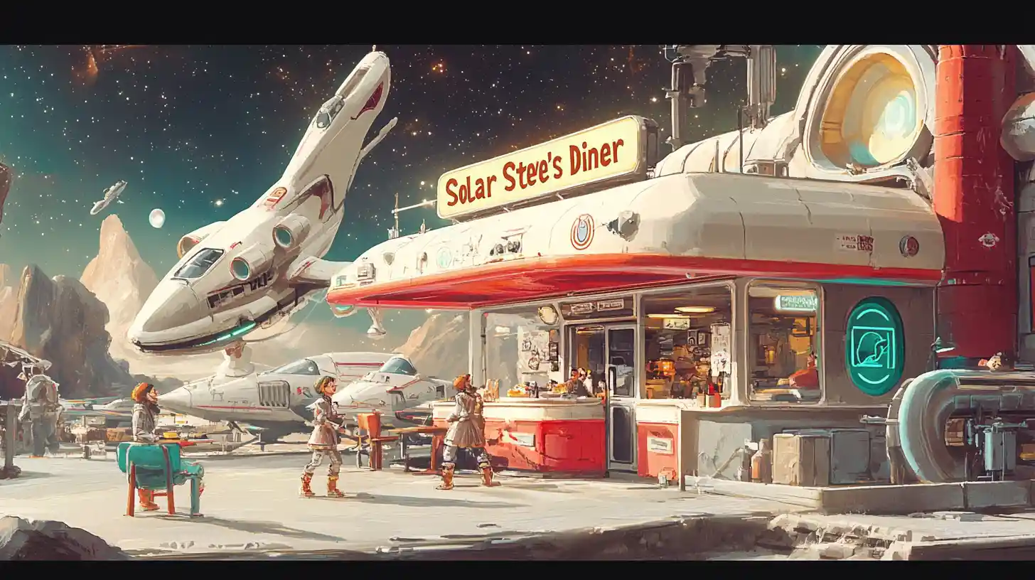 Colorful space diner scene with rocket boot waitresses